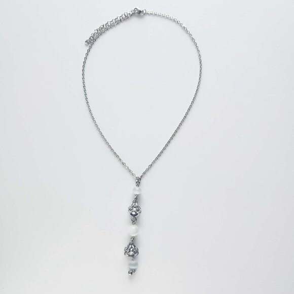 Gothic long Selenite and silver chain mail rosary necklace - Picture 4 of 8